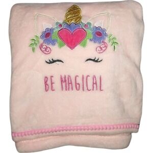 Manhattan Kids Pink‎ Be Magical Unicorn Baby Girl Blanket Heart Pom Pom Edge